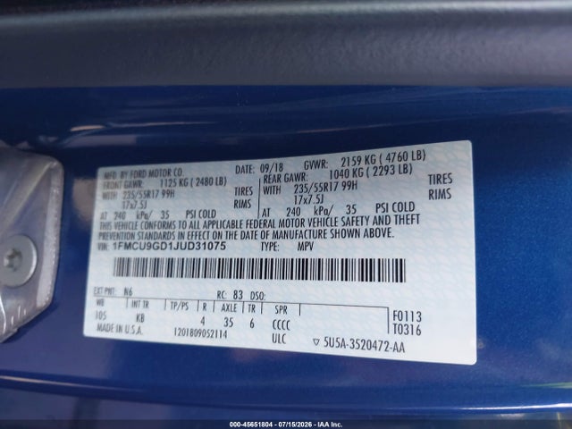 1FMCU9GD1JUD31075 Ford ESCAPE SE