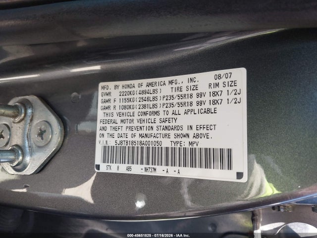 45651825 :رقم المزاد ، 5J8TB18518A001050 vin ، 2008 Acura Rdx مزاد بيع