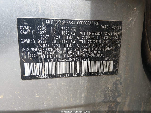 Продажа на аукционе авто 2019 Subaru Ascent Limited, vin: 4S4WMAJD7K3467791, номер лота: 45651837