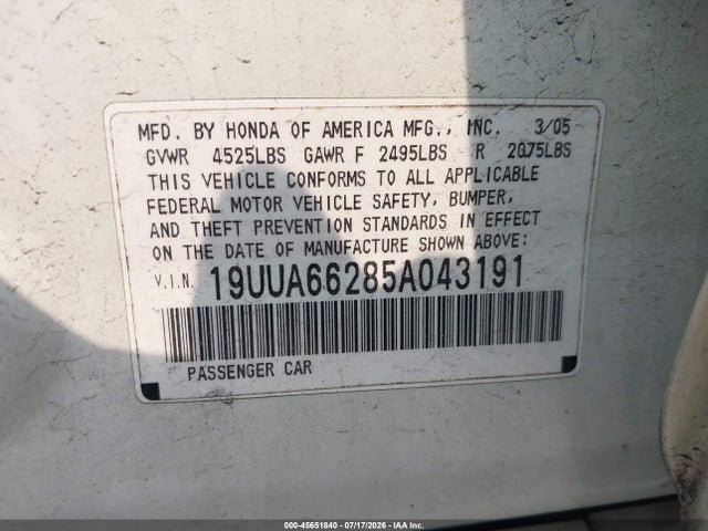 Продаж на аукціоні авто 2005 Acura Tl, vin: 19UUA66285A043191, номер лоту: 45651840