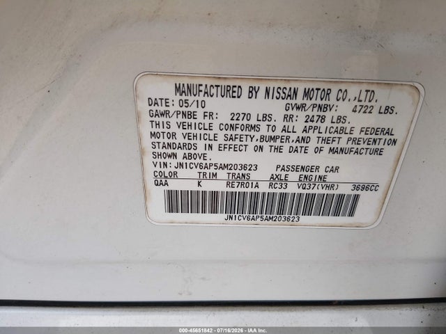 45651842 :رقم المزاد ، JN1CV6AP5AM203623 vin ، 2010 Infiniti G37 Journey مزاد بيع