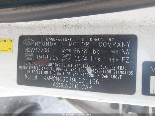 45651846 :رقم المزاد ، KMHCN46C19U321196 vin ، 2009 Hyundai Accent Gls مزاد بيع