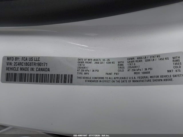 Продаж на аукціоні авто 2026 Chrysler Pacifica Select, vin: 2C4RC1BG8TR190171, номер лоту: 45651847