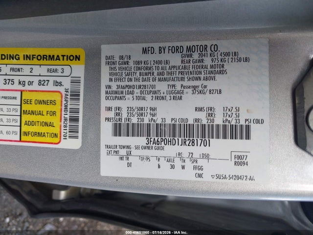 Продаж на аукціоні авто 2018 Ford Fusion Se, vin: 3FA6P0HD1JR281701, номер лоту: 45651860