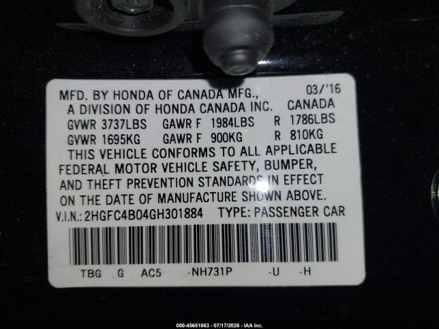 Продаж на аукціоні авто 2016 Honda Civic Lx-p, vin: 2HGFC4B04GH301884, номер лоту: 45651863