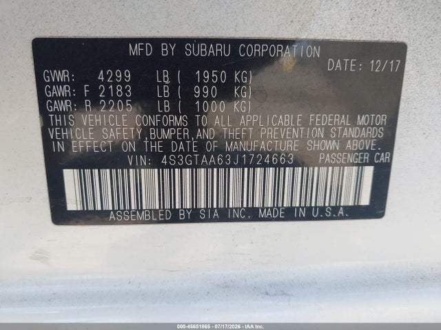 Subaru Impreza 2.0i 2018 4S3GTAA63J1724663 Image 9