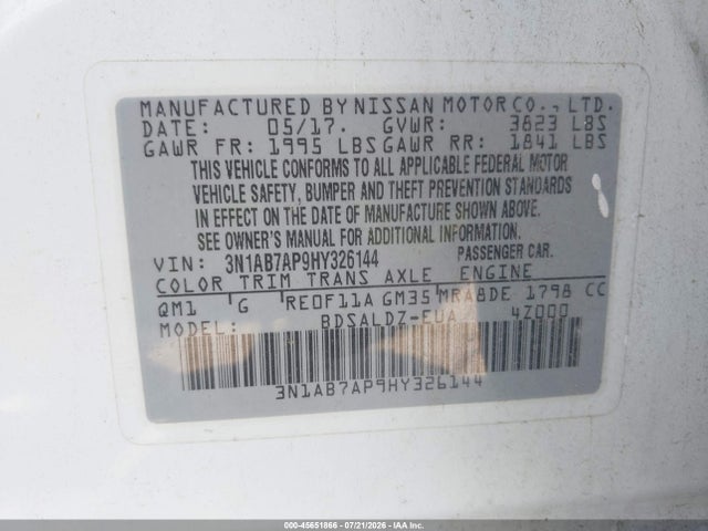 Aukcja sprzedaży 2017 Nissan Sentra Sv, vin: 3N1AB7AP9HY326144, numer aukcji: 45651866