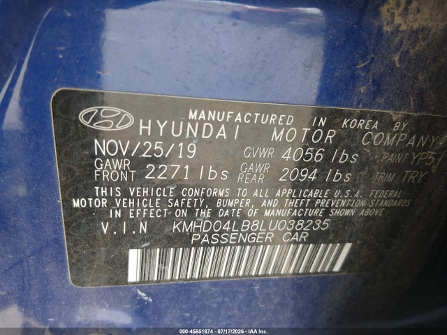 Aukcja sprzedaży 2020 Hyundai Elantra Sport, vin: KMHD04LB8LU038235, numer aukcji: 45651874