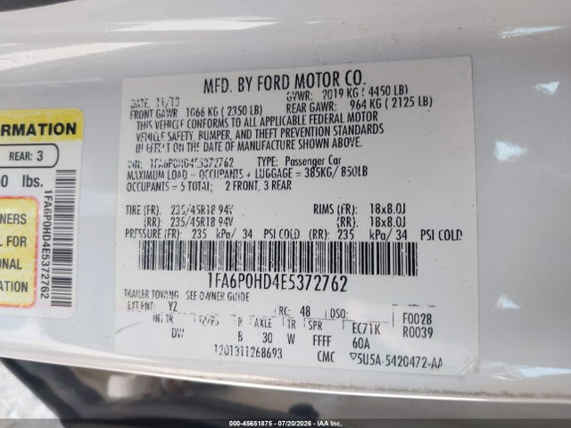 45651875 :رقم المزاد ، 1FA6P0HD4E5372762 vin ، 2014 Ford Fusion Se مزاد بيع