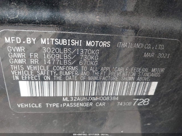 45651882 :رقم المزاد ، ML32AUHJXMH008384 vin ، 2021 Mitsubishi Mirage Carbonite Edition/es/le مزاد بيع