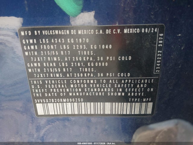 45651885 :رقم المزاد ، 3VV5X7B20RM096250 vin ، 2024 Volkswagen Taos 1.5t S مزاد بيع