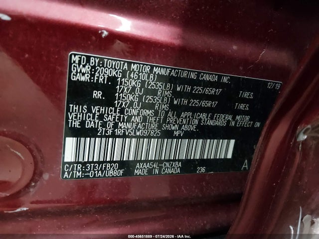 Продаж на аукціоні авто 2020 Toyota Rav4 Le, vin: 2T3F1RFV5LW097825, номер лоту: 45651889