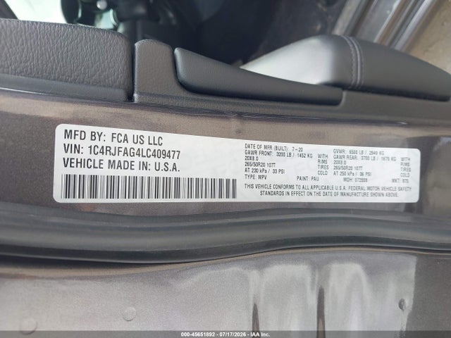 Aukcja sprzedaży 2020 Jeep Grand Cherokee Altitude 4x4, vin: 1C4RJFAG4LC409477, numer aukcji: 45651892