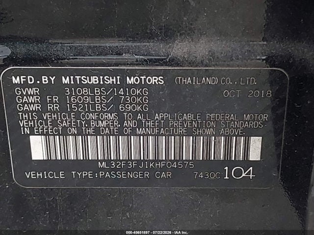 Aukcja sprzedaży 2019 Mitsubishi Mirage G4 Es, vin: ML32F3FJ1KHF04575, numer aukcji: 45651897