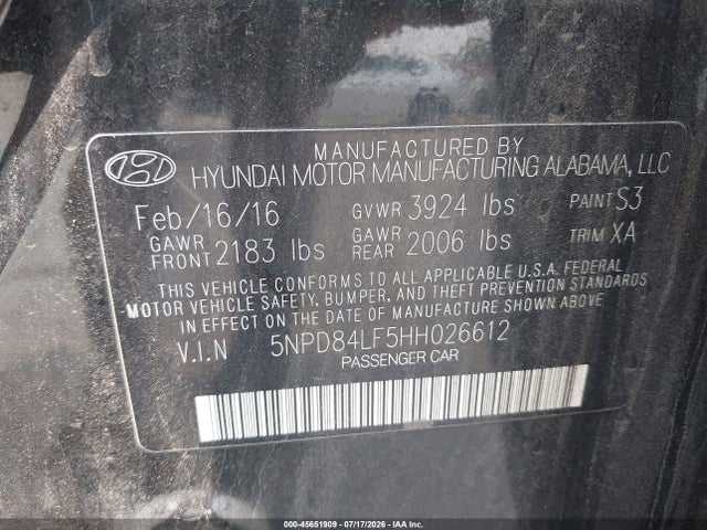 5NPD84LF5HH026612 Hyundai ELANTRA SE