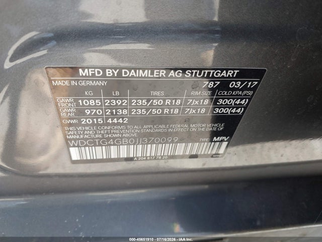 45651910 :رقم المزاد ، WDCTG4GB0JJ370099 vin ، 2018 Mercedes-benz Gla 250 4matic مزاد بيع