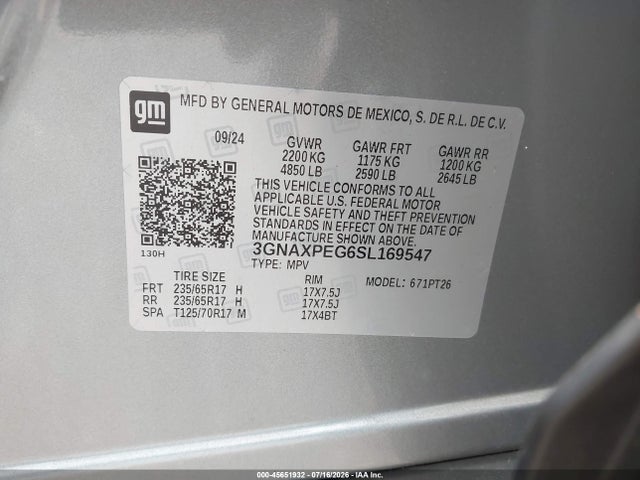 45651932 :رقم المزاد ، 3GNAXPEG6SL169547 vin ، 2025 Chevrolet Equinox Awd Lt مزاد بيع