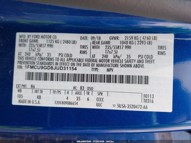 Ford ESCAPE SE 2018 1FMCU9GD8JUD31154 Image 9