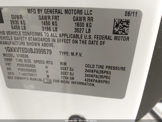 2011 Gmc Acadia Denali მანქანა იყიდება აუქციონზე, vin: 1GKKVTED0BJ399579, აუქციონის ნომერი: 45651950