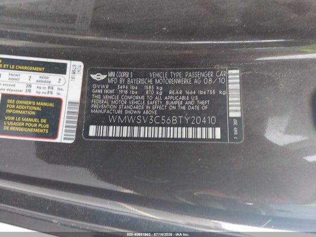 Продажа на аукционе авто 2011 Mini Cooper S, vin: WMWSV3C56BTY20410, номер лота: 45651963