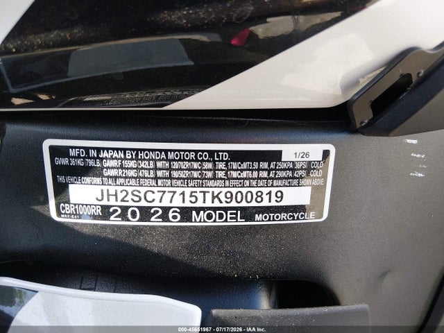 Продажа на аукционе авто 2026 Honda Cbr1000 Rr, vin: JH2SC7715TK900819, номер лота: 45651967