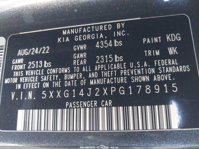 Продаж на аукціоні авто 2023 Kia K5 Lxs, vin: 5XXG14J2XPG178915, номер лоту: 45651979