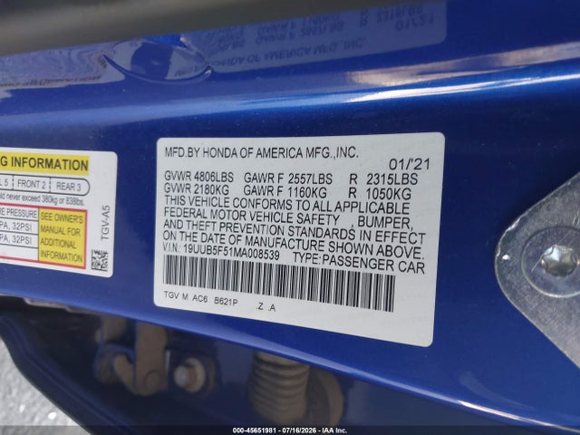 2021 Acura Tlx A-spec Package მანქანა იყიდება აუქციონზე, vin: 19UUB5F51MA008539, აუქციონის ნომერი: 45651981