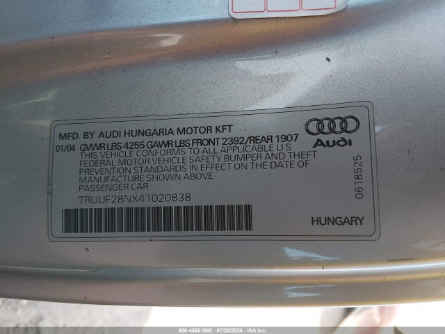 Aukcja sprzedaży 2004 Audi Tt 3.2l, vin: TRUUF28NX41020838, numer aukcji: 45651992