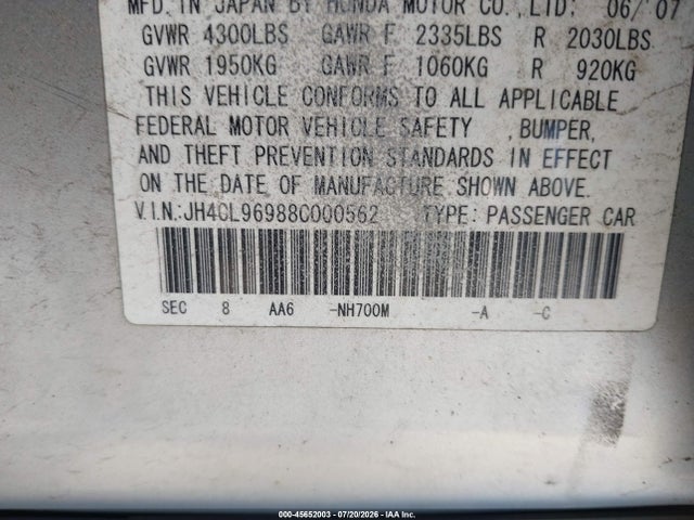 45652003 :رقم المزاد ، JH4CL96988C000562 vin ، 2008 Acura Tsx مزاد بيع
