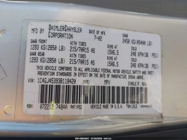 Продаж на аукціоні авто 2003 Chrysler Voyager Lx, vin: 1C4GJ45393B118420, номер лоту: 45652007