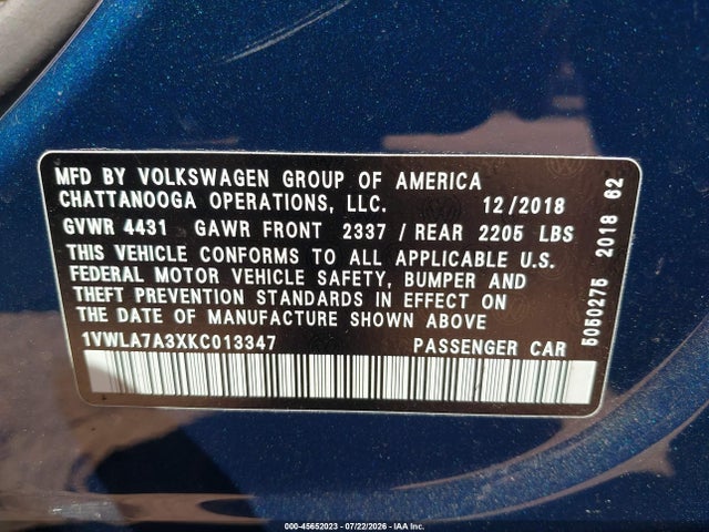 1VWLA7A3XKC013347 Volkswagen Passat 2.0t Wolfsburg Edition