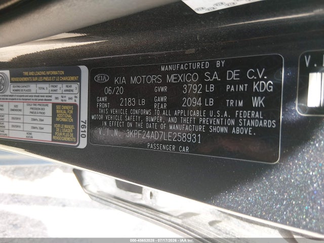 Продажа на аукционе авто 2020 Kia Forte Lxs, vin: 3KPF24AD7LE258931, номер лота: 45652028