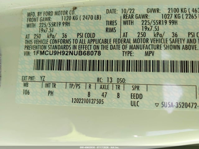 1FMCU9H92NUB68078 Ford ESCAPE SEL