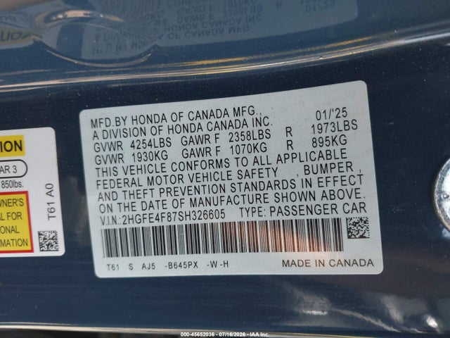 2HGFE4F87SH326605 Honda Civic Hybrid Sport/sport Touring