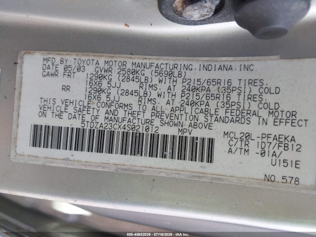 45652039 :رقم المزاد ، 5TDZA23CX4S021012 vin ، 2004 Toyota Sienna Le مزاد بيع