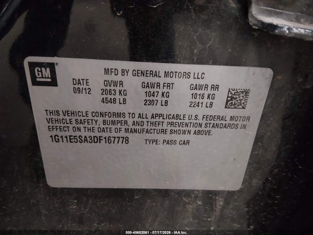 45652061 :رقم المزاد ، 1G11E5SA3DF167778 vin ، 2013 Chevrolet Malibu 2lt مزاد بيع