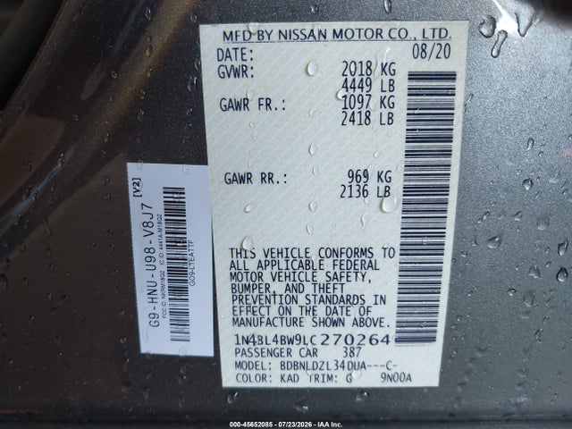 45652085 :رقم المزاد ، 1N4BL4BW9LC270264 vin ، 2020 Nissan Altima S Intelligent Awd مزاد بيع