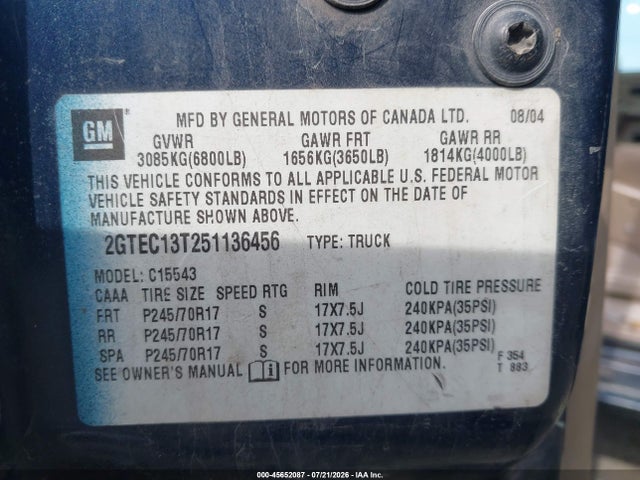 Aukcja sprzedaży 2005 Gmc Sierra 1500 Sle, vin: 2GTEC13T251136456, numer aukcji: 45652087