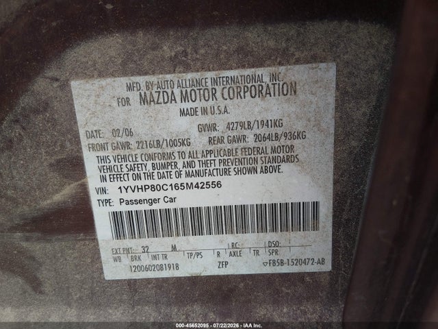 2006 Mazda Mazda6 Sport I მანქანა იყიდება აუქციონზე, vin: 1YVHP80C165M42556, აუქციონის ნომერი: 45652095
