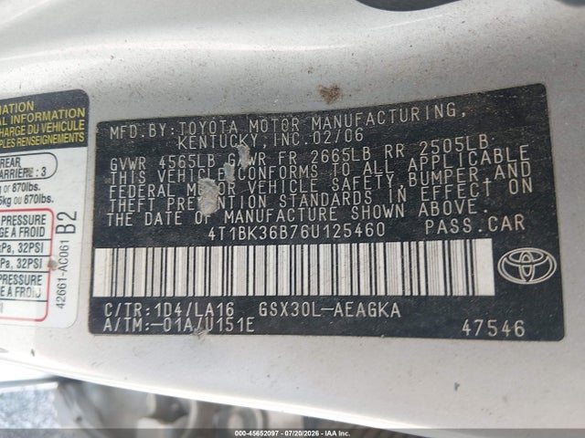 2006 Toyota Avalon Xls მანქანა იყიდება აუქციონზე, vin: 4T1BK36B76U125460, აუქციონის ნომერი: 45652097