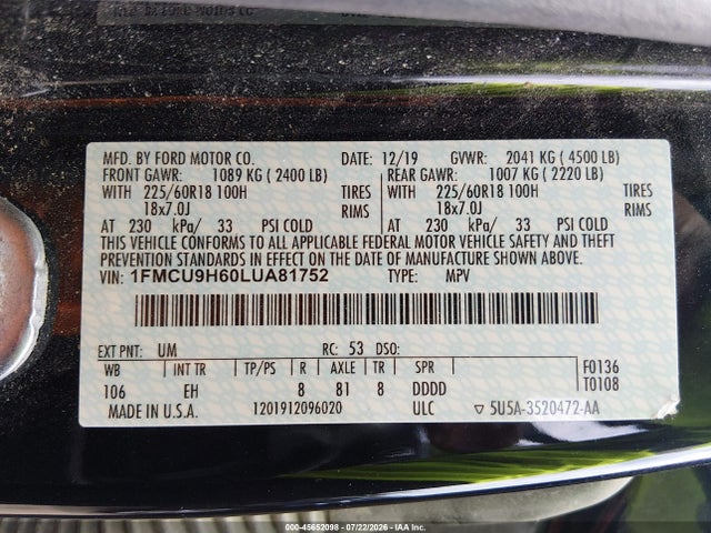 Продажа на аукционе авто 2020 Ford Escape Sel, vin: 1FMCU9H60LUA81752, номер лота: 45652098