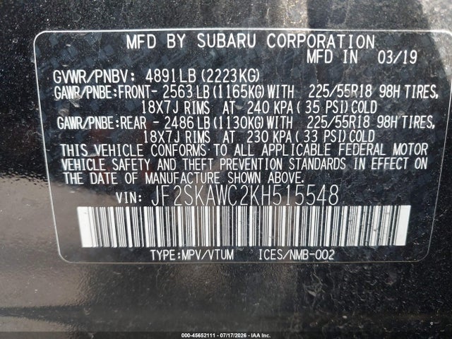 Продажа на аукционе авто 2019 Subaru Forester Touring, vin: JF2SKAWC2KH515548, номер лота: 45652111