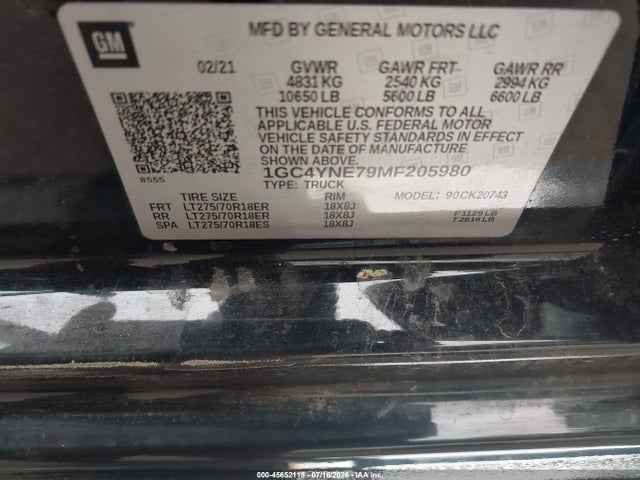 1GC4YNE79MF205980 Chevrolet Silverado 2500hd 4wd Standard Bed Lt