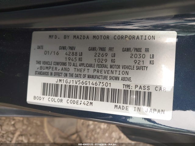 Aukcja sprzedaży 2016 Mazda Mazda6 I Touring, vin: JM1GJ1V56G1467501, numer aukcji: 45652123