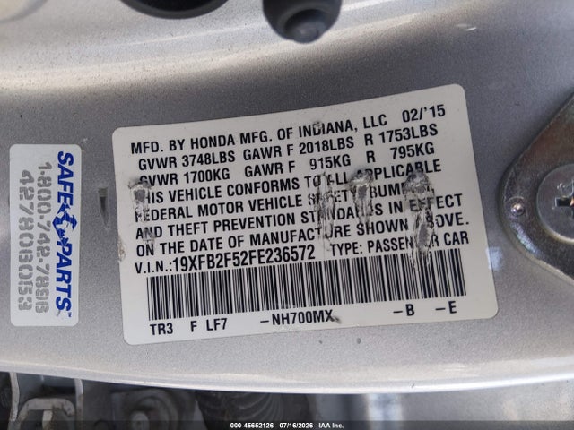 Honda Civic Lx 2015 19XFB2F52FE236572 Image 9