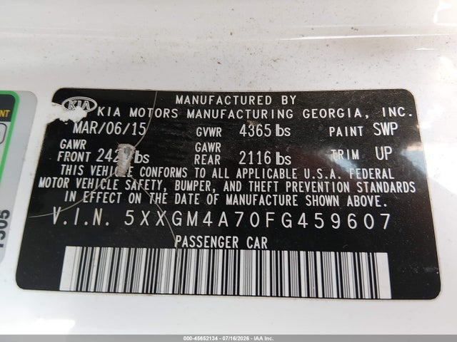 45652134 :رقم المزاد ، 5XXGM4A70FG459607 vin ، 2015 Kia Optima Lx مزاد بيع