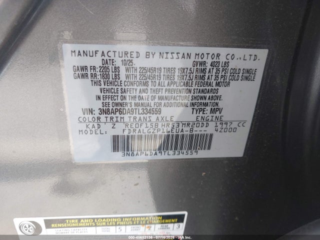 Aukcja sprzedaży 2026 Nissan Kicks Sr, vin: 3N8AP6DA9TL334559, numer aukcji: 45652136