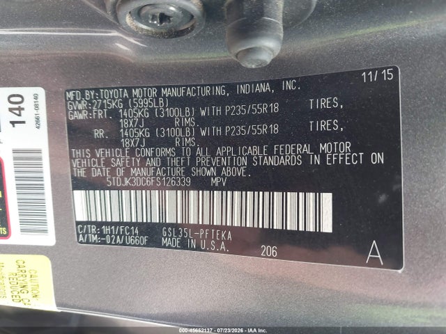 5TDJK3DC6FS126339 Toyota Sienna Le 7 Passenger