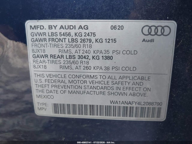 45652141 :رقم المزاد ، WA1ANAFY4L2088790 vin ، 2020 Audi Q5 Premium 45 Tfsi Quattro S Tronic مزاد بيع