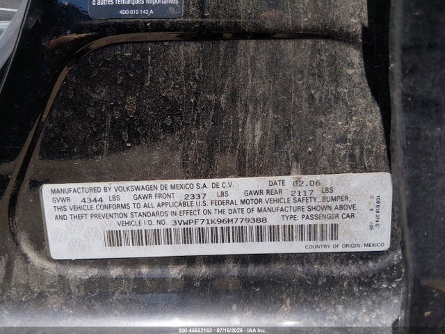 Продаж на аукціоні авто 2006 Volkswagen Jetta Value Edition, vin: 3VWPF71K96M779388, номер лоту: 45652163